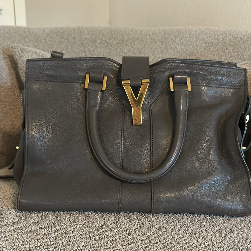 Vintage Chyc Cabas Ysl-Y Bag Gray Leather Handbag With Gold Accents